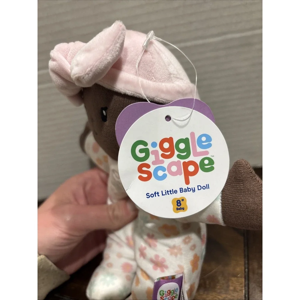 NEW WITH TAG Giggle Scape Plush Baby Doll Brown‎ Girl Floral Soft Lovey Pink